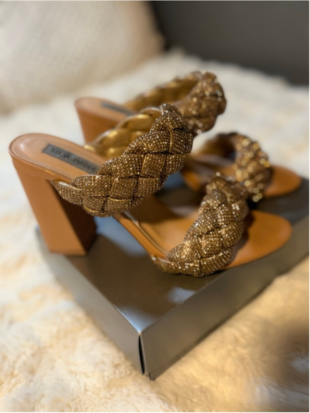 Preowned,Steve Madden Kenley rhinestone braided block heel sandals, bronzesize 9 - Picture 3 of 5